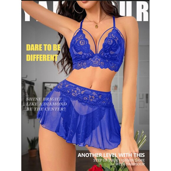 Sexy Blue Lingerie for Women 3 Piece Lace Bra Panty Set Strappy Lingerie Skirt - Picture 2 of 6